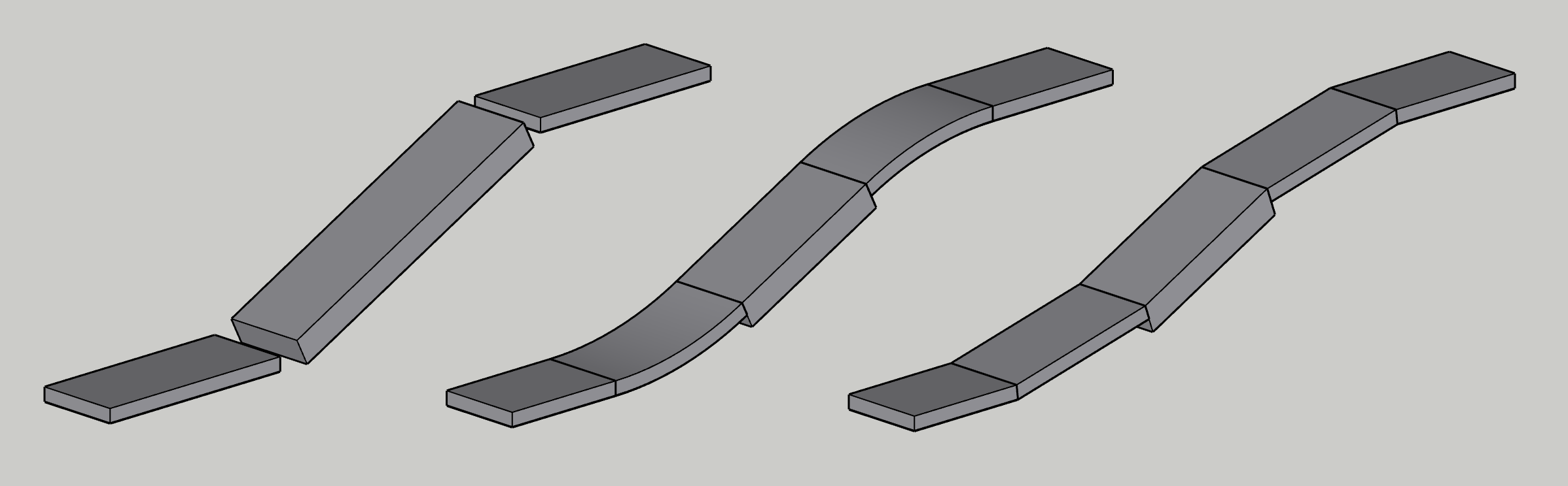 Thin landings and a thicker ramp three times: as separate slabs, joined by curved slabs, and joined by straight slabs; the joins are as thin as the landings, and the ramp meets them flush on top and steps underneath