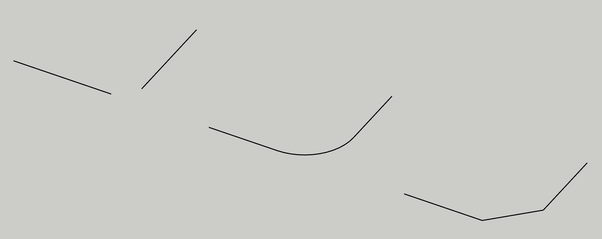 Two lines three times: apart, joined by an arc, and joined by a straight cut