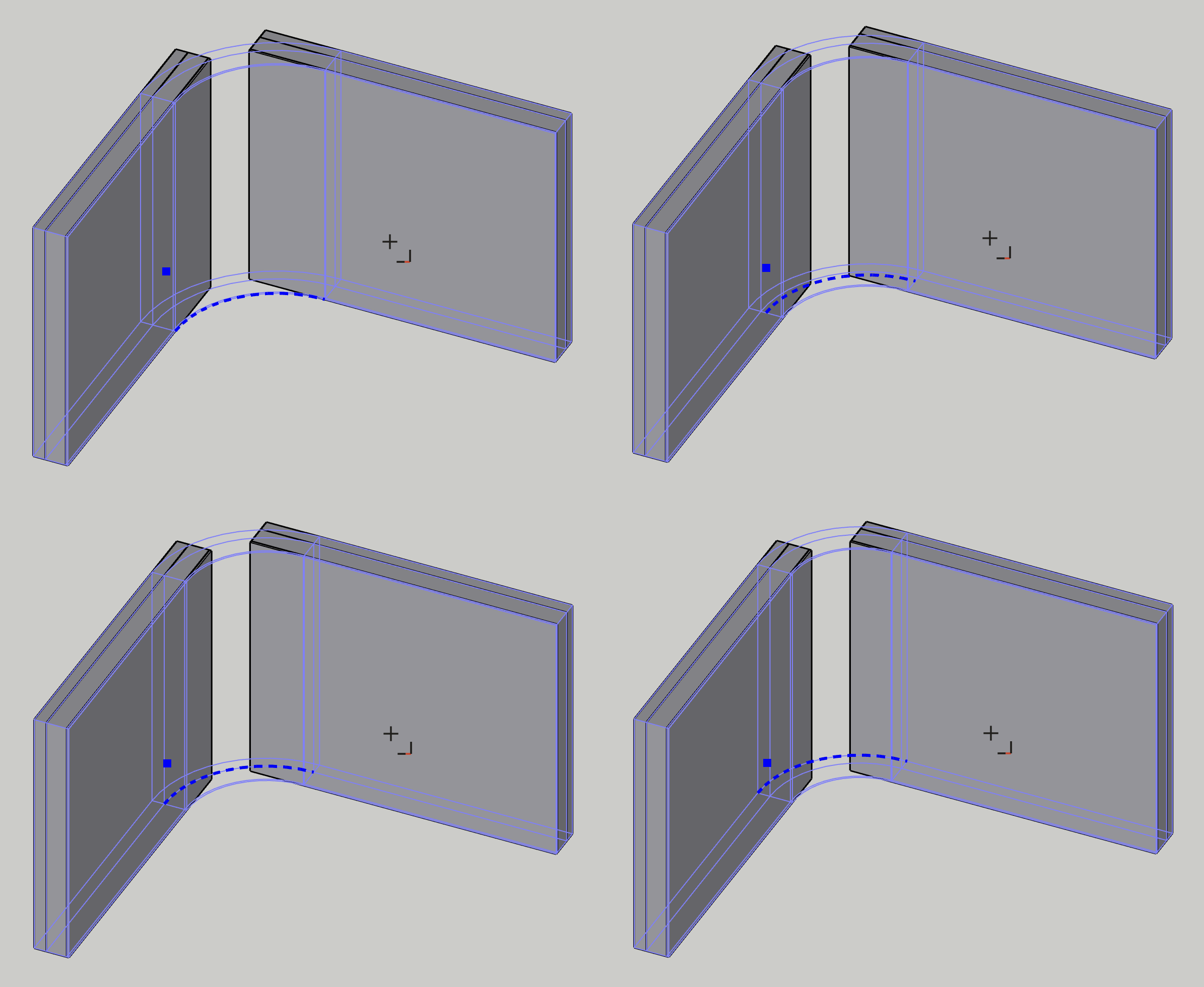 Four views of the same pair of walls before the second click, the dashed arc moving from the outside face to the inside face as Ctrl steps through the faces