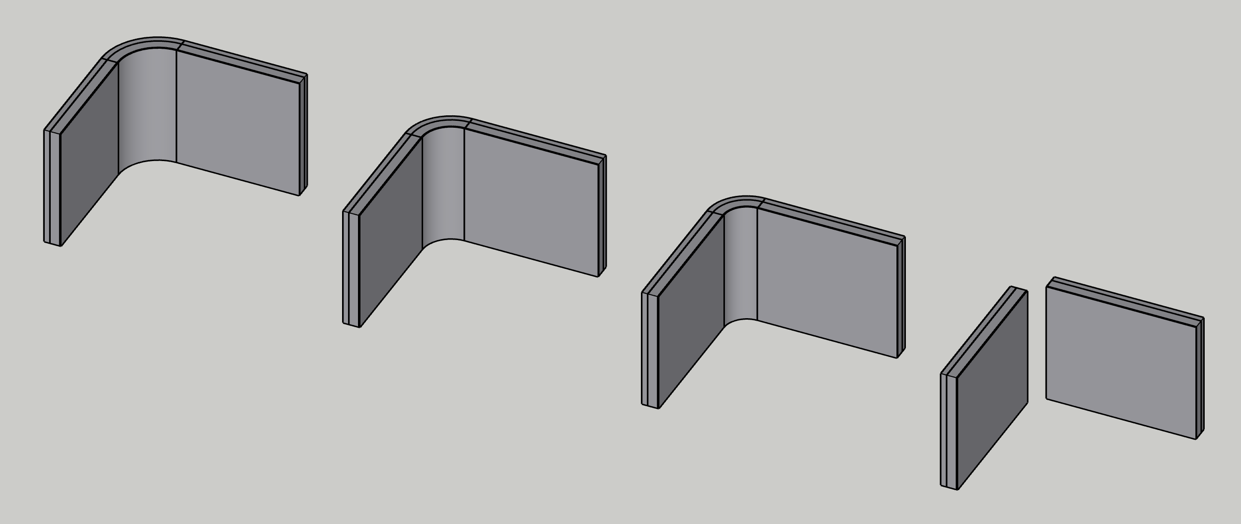The same layered wall corner four times, seen from inside: three rounded to R 800, each measured on a different face, and the two walls apart