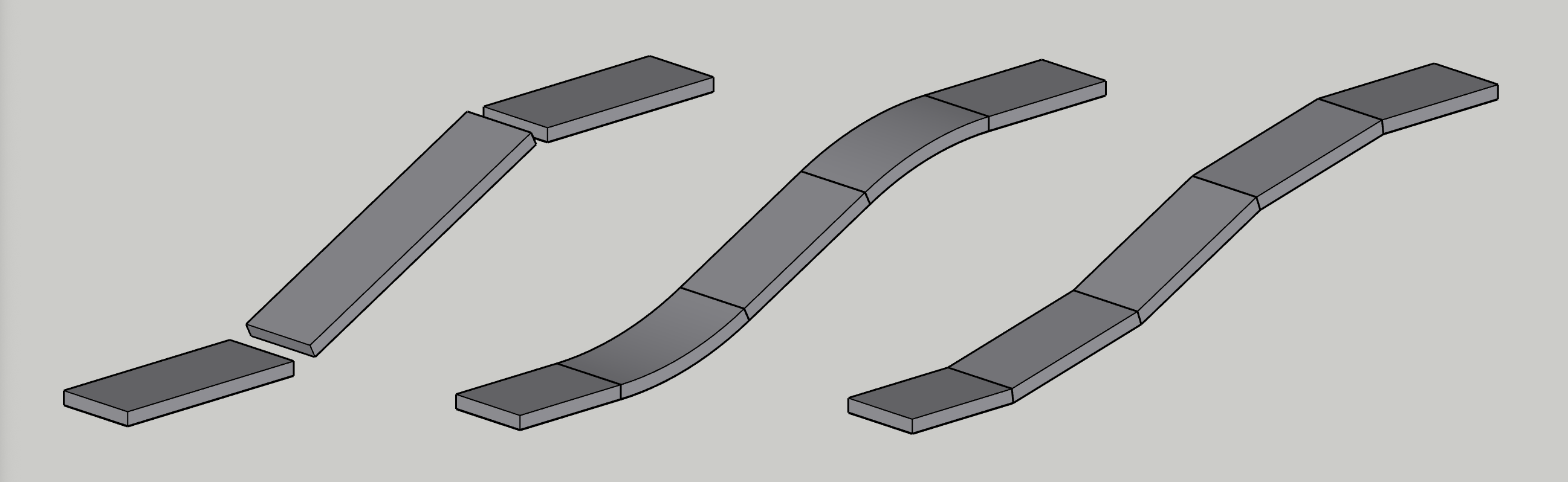 The landing, ramp and landing three times: as separate slabs, joined by curved slabs, and joined by short straight slabs at a shallower slope than the ramp