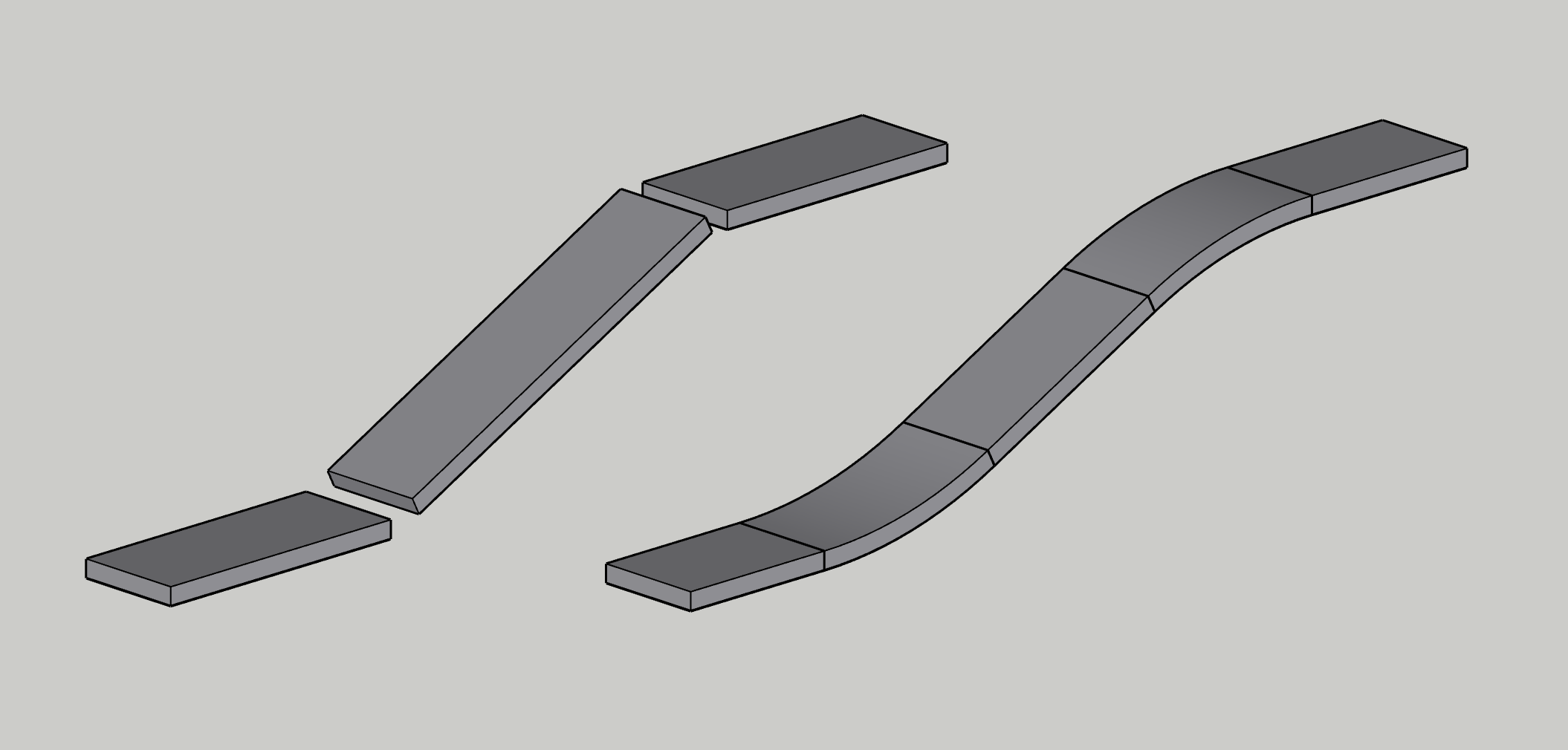 A lower landing, a ramp and an upper landing as three separate slabs, and the same three joined by a curved slab at the foot and the top of the ramp