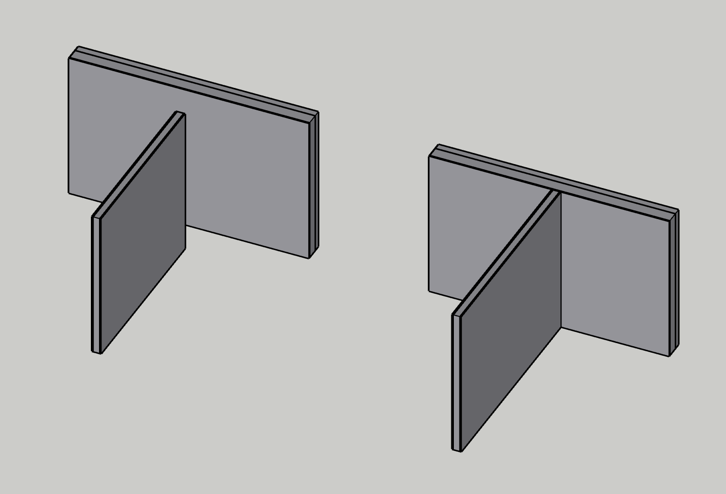 A thin layered partition short of a thicker layered wall, and the same partition brought to it with every layer stopping on the wall's face
