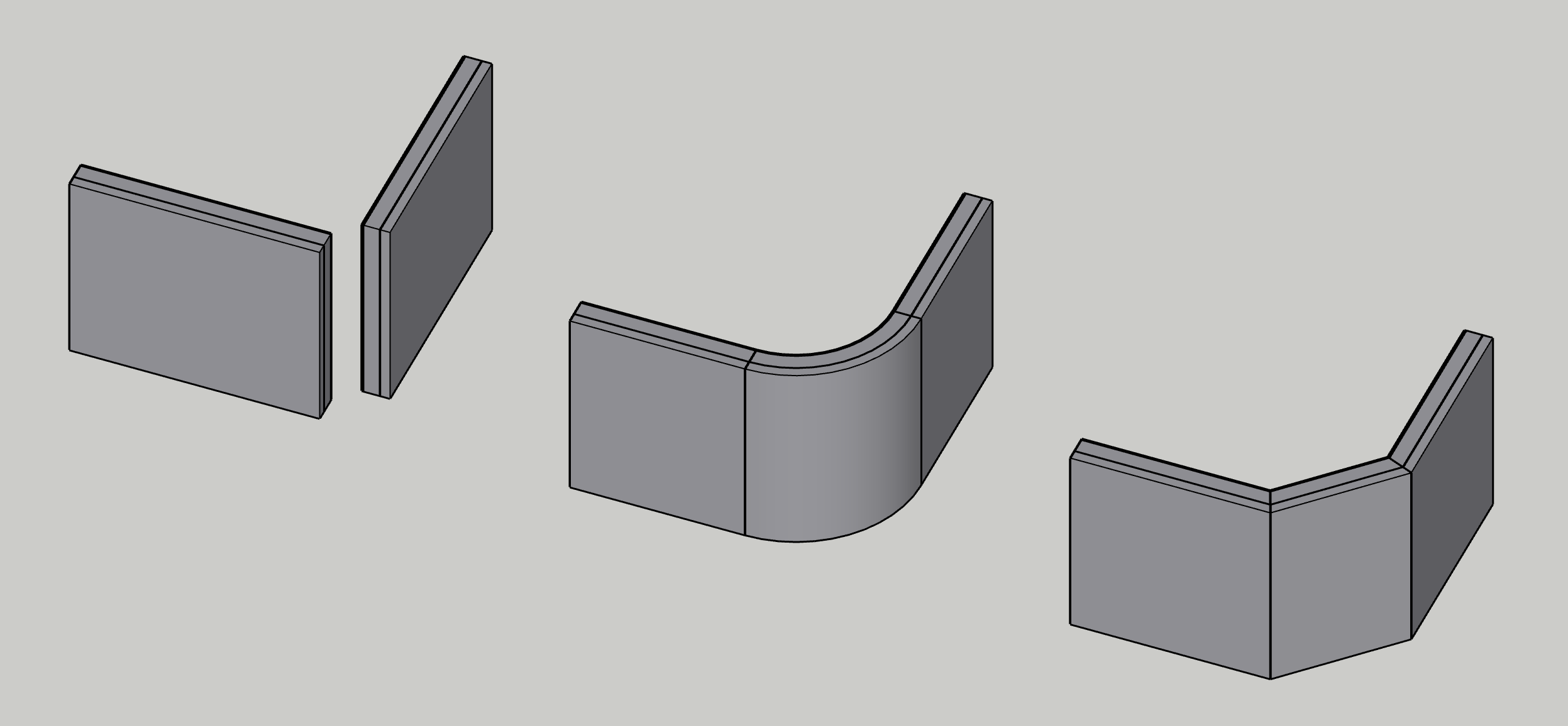 Two layered walls three times: apart, joined by a curved piece in which every layer bends round one centre, and joined by a straight piece mitred to both