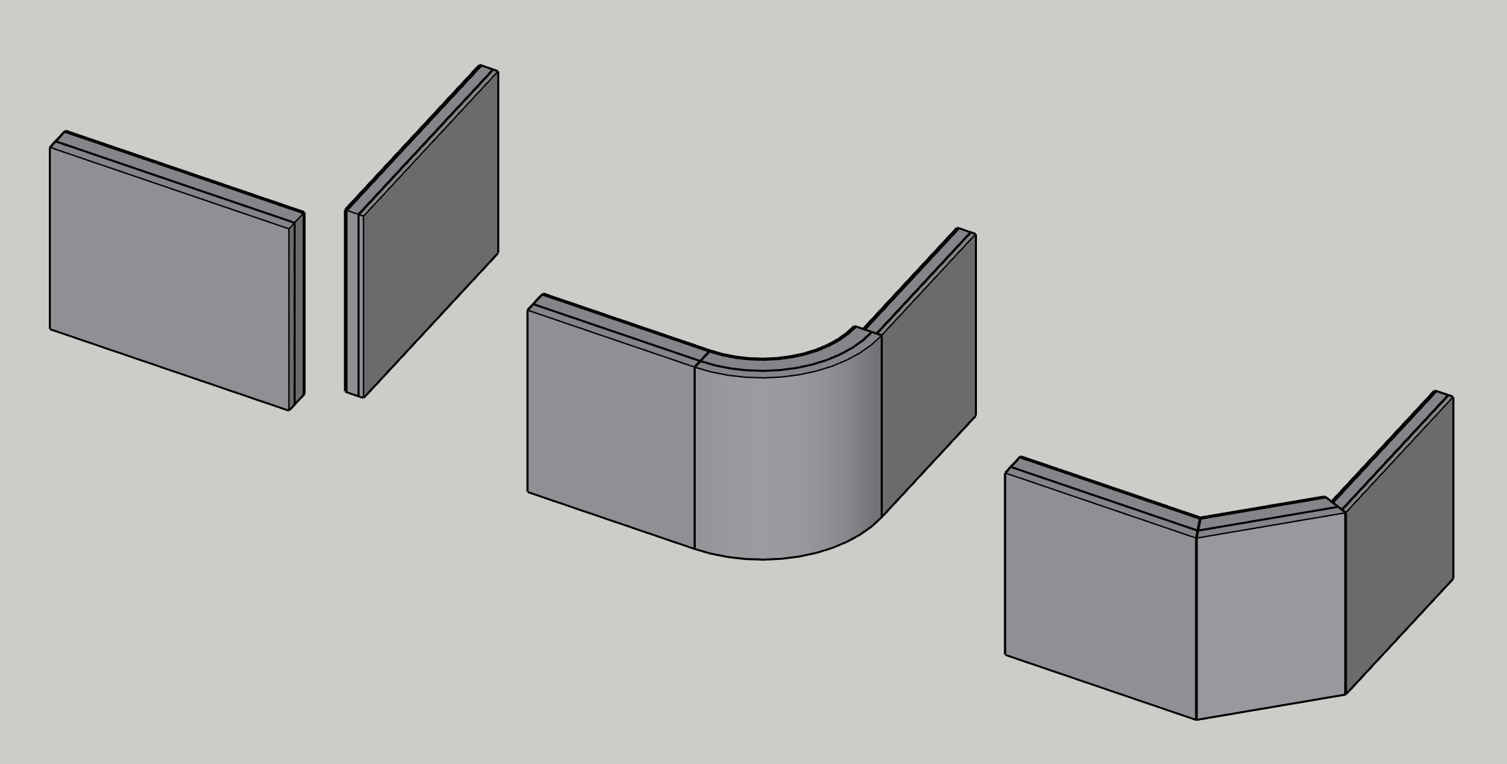 A thicker and a thinner layered wall three times: apart, rounded and chamfered; the corner piece has the thicker wall's layers, and the thinner wall meets it flush outside and steps inside