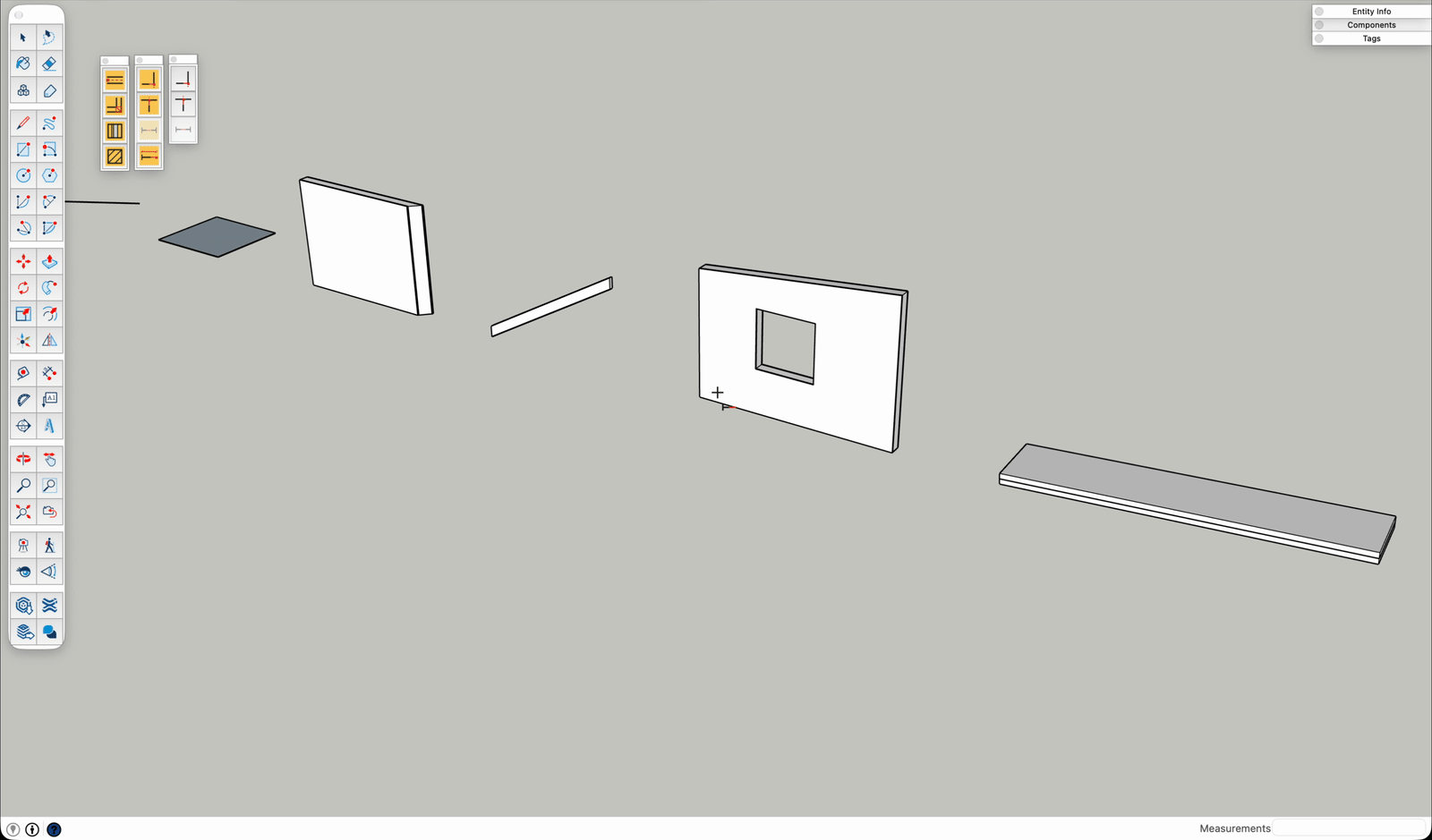 Lengthen used six times in SketchUp, each with +500 typed: a line at an angle, the top edge of a face at its corner, the mitred end of a layered wall, the plumb-cut end of a loose rafter, the sloped top of a wall with a window, and the upper end of a ramp