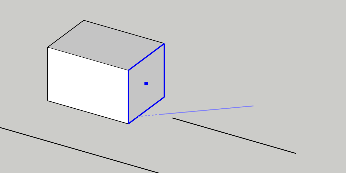 Fig. 4 — after: the picked face outlined, the line extended to it The box's right face outlined in blue, with a line's dashed extension stopping on it