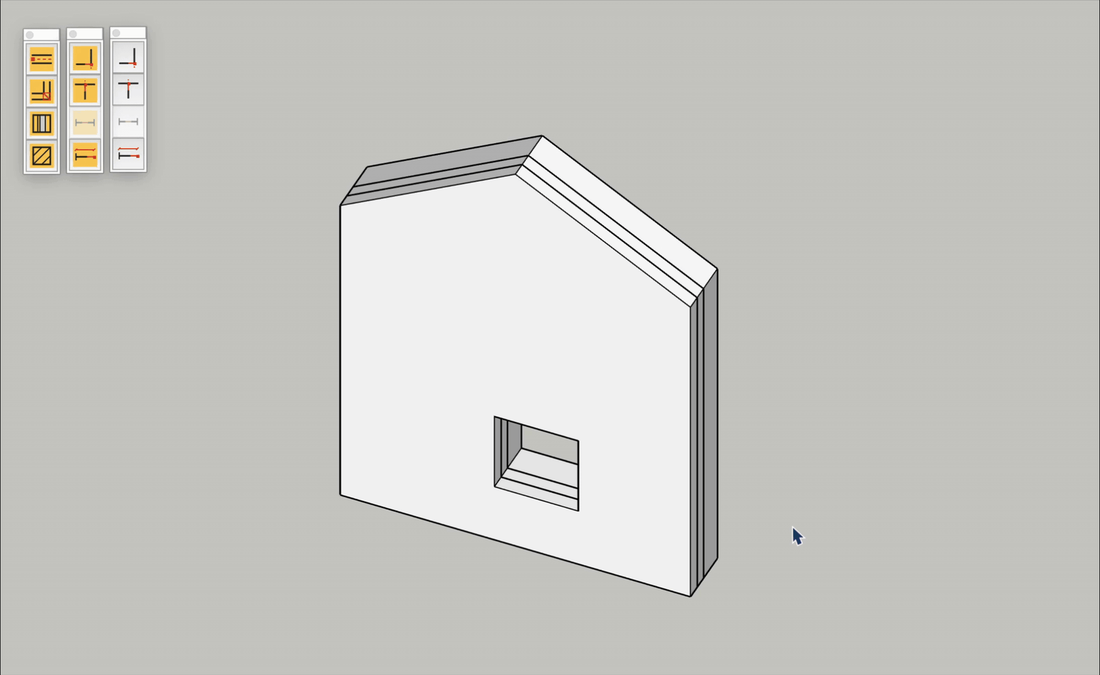 Lengthen in SketchUp on a layered gable wall with a window: one roof slope is dragged up and both slopes rise together with a dashed preview, then each end is dragged out and the eaves follow the slope