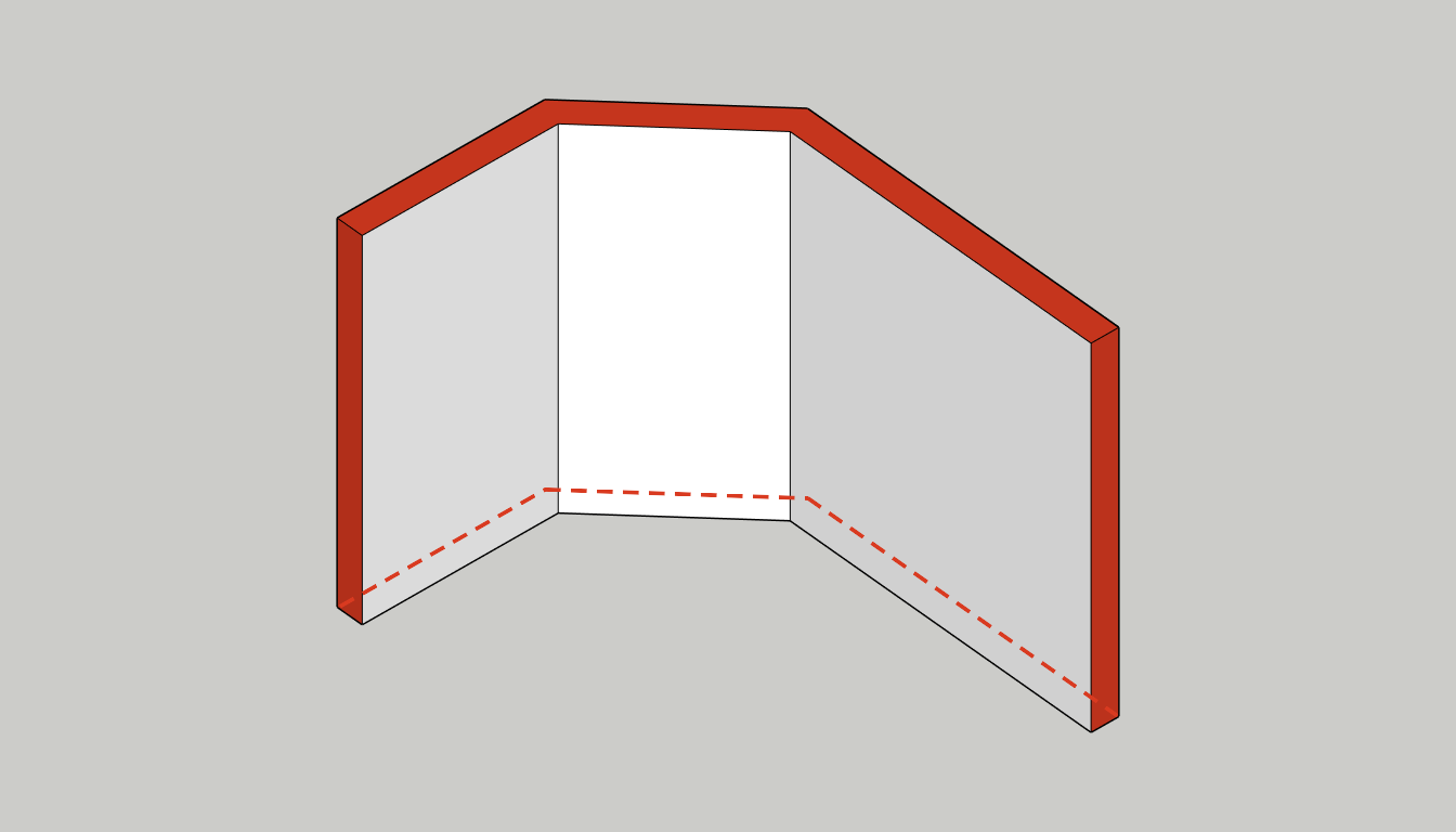 A solid group of walls, straight, then 45°, then straight again, with both end faces and the top painted red and the hidden bottom outlined in red dashes