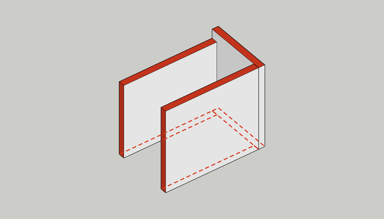 A group of three separate walls in a U shape, with the free ends of the two parallel walls and the tops of all three painted red, the ends of the back wall left plain, and the hidden bottoms outlined in red dashes