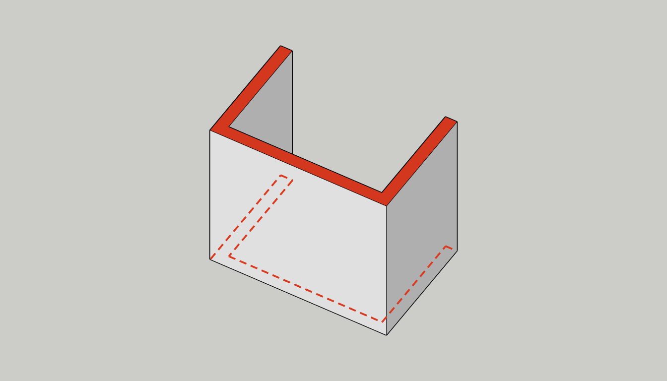 A solid U-shaped wall seen from the front, with its top painted red, its hidden bottom outlined in red dashes and the outer face of its back wall left plain